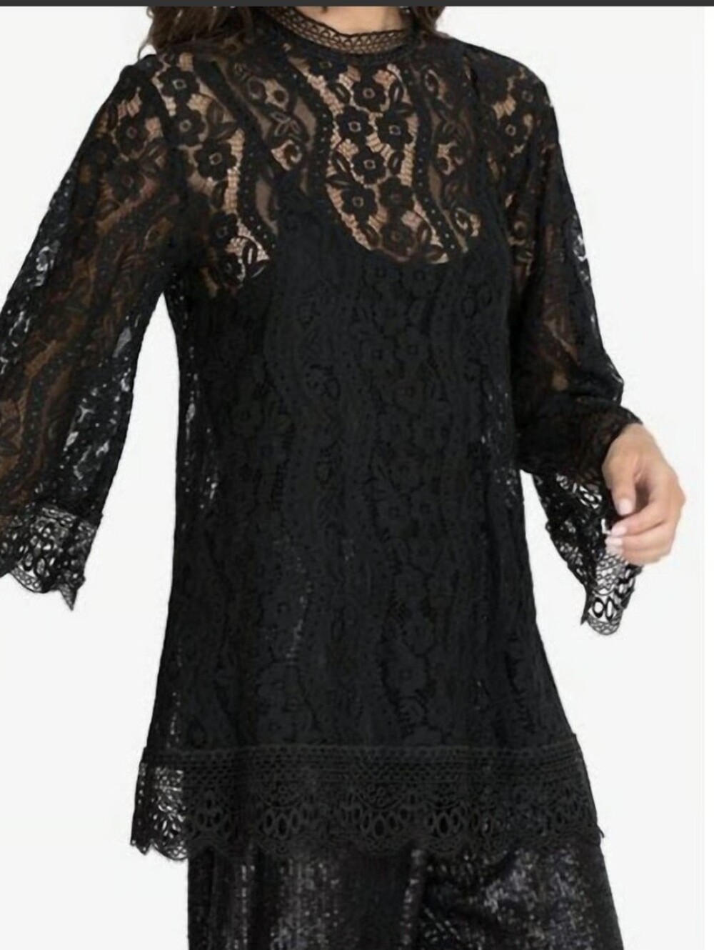 Johnny Was NWOT Biya "Starlet" Black High-Neck Lace Top/Tunic Small
